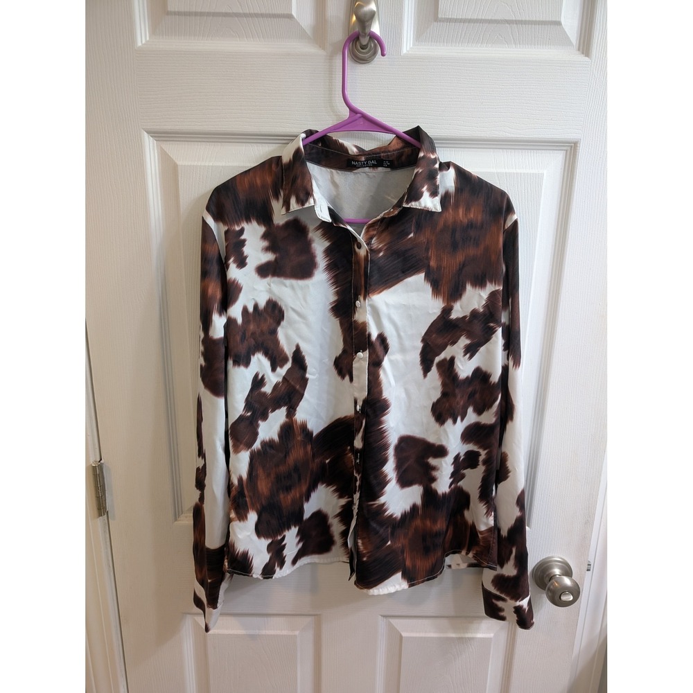 Nasty Gal Cow Print‎ Button Down Shirt Long Sleeve Women - Size 8